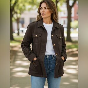 Sturdy Heavy Jacket 22W Chocolate Brown Chore Utility Gold Button Epaulet Belted